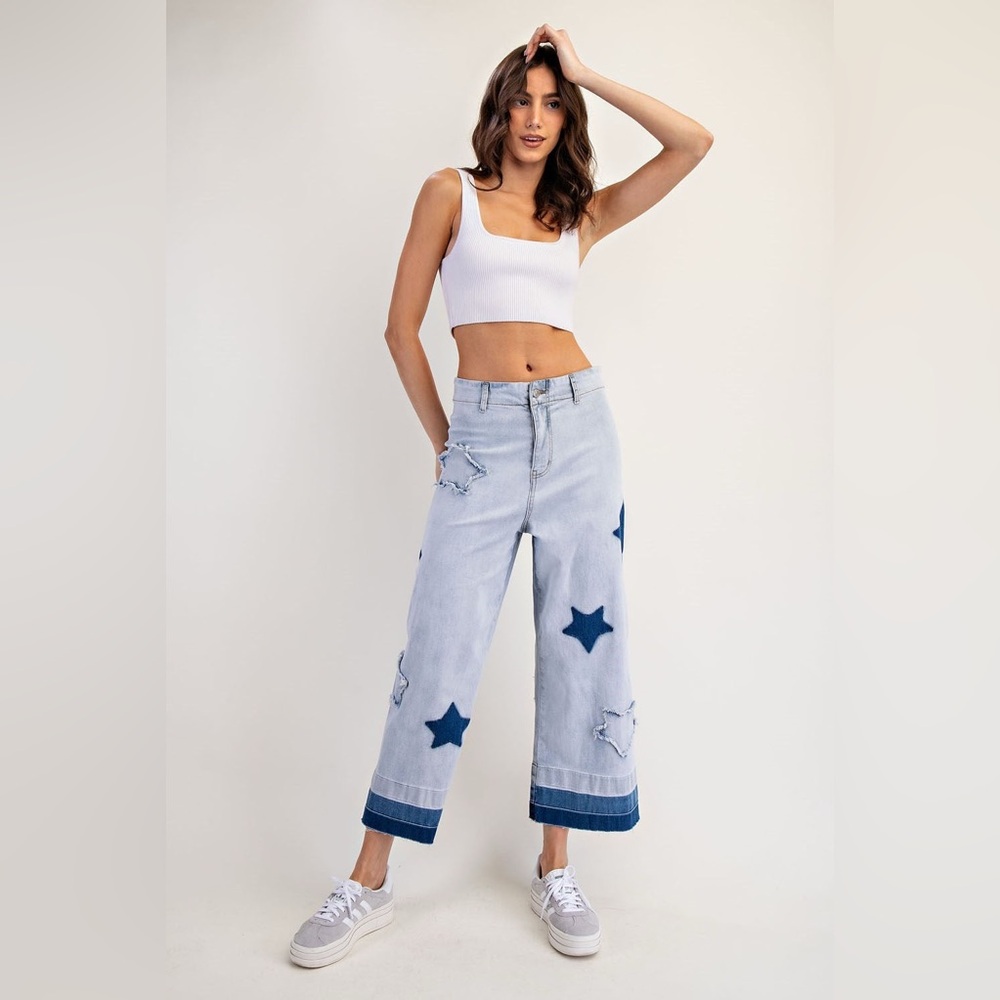 Mineral Washed Frayed Star Patch Ombre Cropped Jeans - eesome